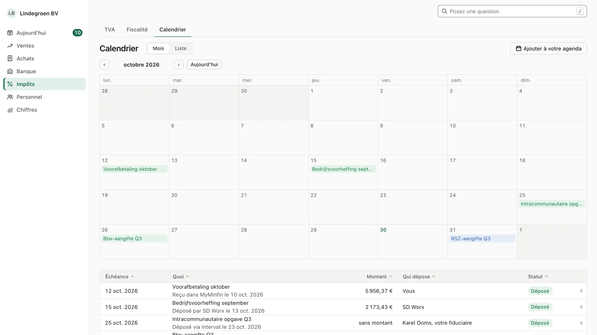 Calendrier · Exemple · Lindegroen BV